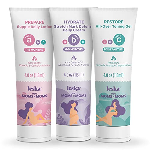 Leska Complete Maternity Set | Belly Lotion, Defense Cream, All-Over Toning Gel (Pre & Postpartum) | All Maternity Stages Pregnancy Skin Care System | New Mom Gifts (4oz each)