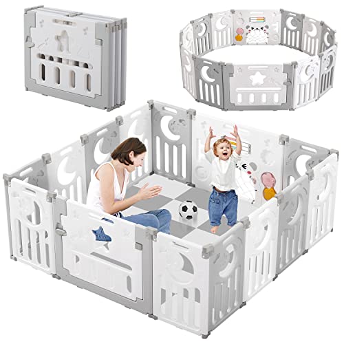 Baby Playpen, Dripex Upgrade Foldable Kids Activity Centre Safety Play Yard Home Indoor Outdoor Baby Fence Play Pen NO Gaps with Gate for Baby Boys Girls Toddlers (14 Panel – Grey + White)