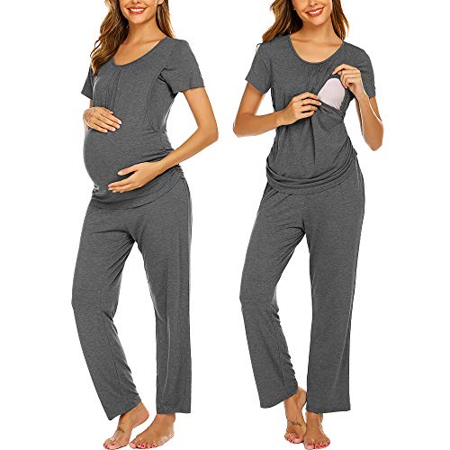 Ekouaer Women Nursing Pajama Set for Breastfeeding Maternity Sleepwear Side Ruched Pregnant Tops with Long Pants Sets Dark Grey S
