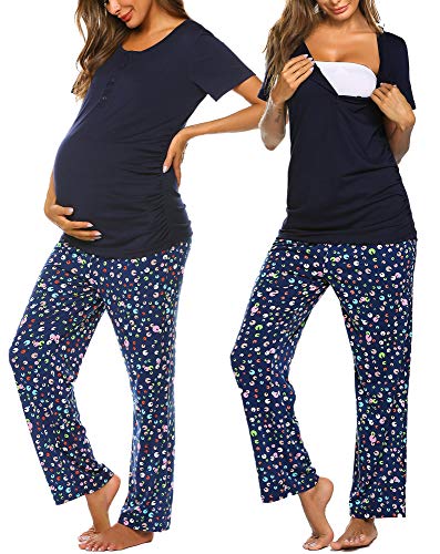 Ekouaer Women’s Maternity/Pregnancy/Breastfeeding/Nursing Pajamas Set Short Sleeve Top & Pants Pregnancy PJS Sleepwear Sets (N-Blue XL)
