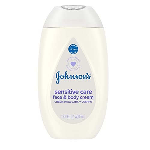 Johnson’s Sensitive Care Face & Body Cream for Babies, Daily Moisturizing Baby Cream to Calm, Nourish & Comfort Dry, Sensitive Skin, Lightly Scented, No Greasy Feel, Hypoallergenic, 13.6 fl. oz