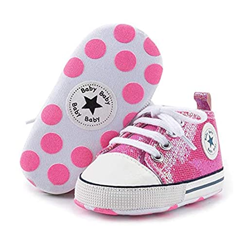 Baby Girls Boys Shoes Soft Anti-Slip Sole Newborn First Walkers Star High Top Canvas Denim Unisex Infant Sneaker (B01-sequins Pink, 0-6 Months)