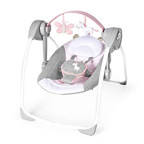 Ingenuity Comfort 2 Go Compact Portable 6-Speed Baby Swing with Music, Folds for Easy Travel – Flora the Unicorn (Pink), 0-9 Months