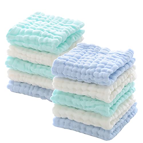 MUKIN Baby Muslin Washcloths – Soft Face Cloths for Newborn, Absorbent Bath Face Towels, Baby Wipes, Burp Cloths or Face Towels, Baby Registry as Shower. Pack of 10 (Green,Blue,White)