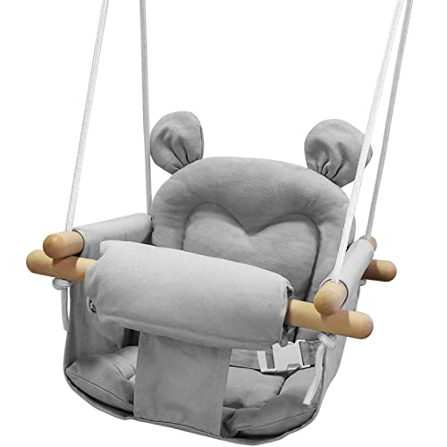 GFU Canvas Baby Swing Outdoor and Indoor, Wooden Hanging Swing Seat for Toddler Boys Girls, Infant Hammock Swing Chair for Tree and Backyard Outside, Gray