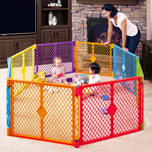 Toddleroo by North States Superyard Indoor/Outdoor 8-Panel Play Baby Yard, Made in USA: Safe play area anywhere. Carrying strap for easy travel. Freestanding. 6.5 feet corner to corner (26″ Tall)