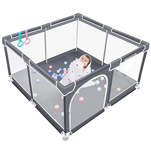 Baby Playpen,VOOI Baby Play Yards, Playpen for Babies and Toddlers,Indoor & Outdoor Playard for Kids Activity Center with Gate,Sturdy Safety Baby Fence(Grey)