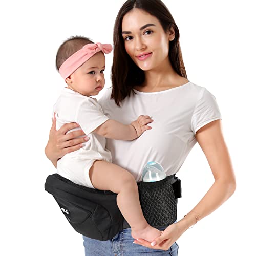 HKAI Baby Carrier Hip Seat, Advanced Large Capacity Pocket with Adjustable Waistband, Shock Absorption Hip Seat Surface for Newborns & Toddlers, (Black)