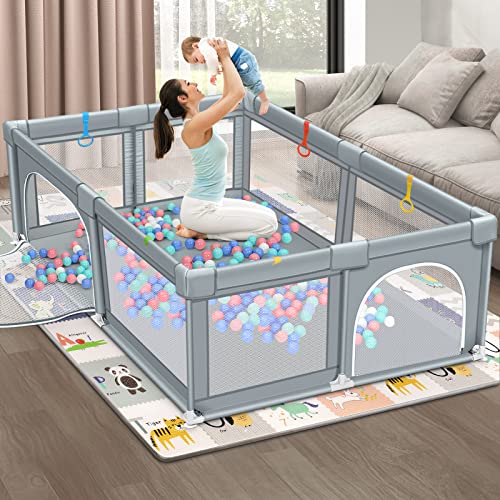 Dripex Baby Playpen, Large Baby Playards with Zipper Gates, Kids Play Pen, Safe No Gaps, See-Through mesh, Play Pens for Babies and Toddlers, Baby Gate Playpen, Baby Fence (Grey 79 * 59 inch)