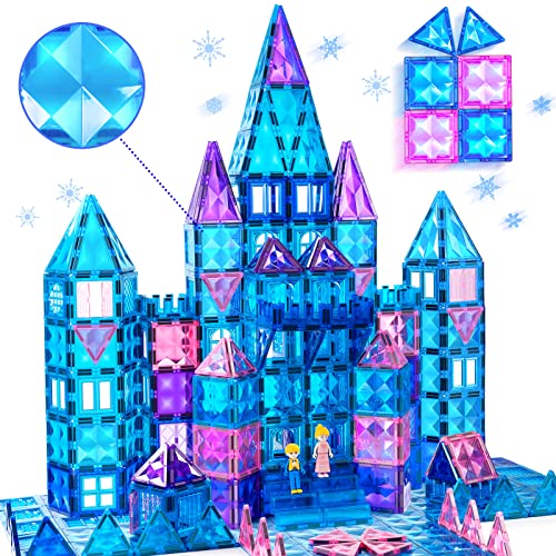 BENOKER 102pcs Frozen Castle Magnetic Tiles – 3D Diamond Building Blocks, STEM Educational Kids Toys for Pretend Play, 3 4 5 6 7 8 Year Old Girl Birthday Gifts for Your Princess and Prince