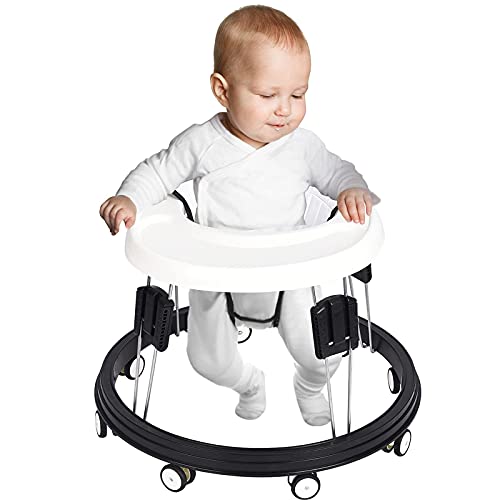 LANGYI Adjustable Baby Walkers for Baby with Easy Clean Tray, Universal Wheeled Walker, Anti-Rollover Folding Walker for Girls Boys 6-18Months Toddler, Black