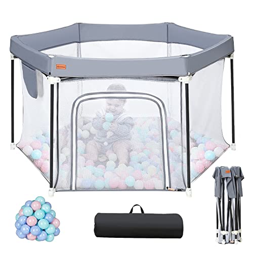 UBRAVOO Portable Baby Playpen with Travel Bag & 20Pcs Coloured Pit Balls, Lightweight Mesh Playard for Babies and Toddlers, Pop Up Play Pen for Indoor/Outdoor Activities