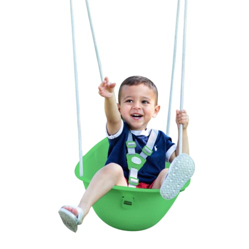 Swurfer Coconut Toddler Swing – Comfy Baby Swing Outdoor, 3- Point Adjustable Safety Harness, Secure, Safe Quick Click Locking System, Blister-Free Rope, Easy Installation, Ages 9 Months and Up, Grn