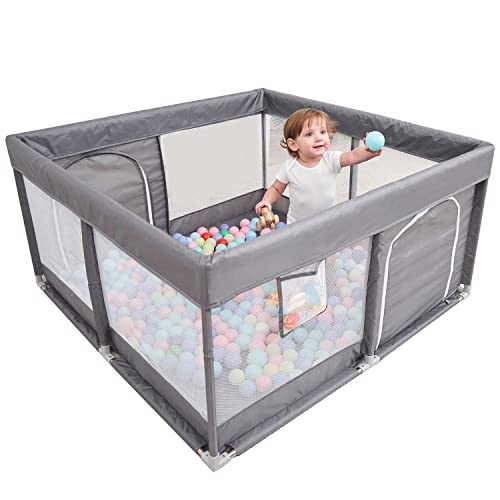 PandaEar Baby Playpen, Large Baby Playpen for Toddlers, Sturdy Baby Play Yards with Soft Breathable Mesh, Indoor & Outdoor Kids Activity for Infant Safety (50″×50″)-Grey