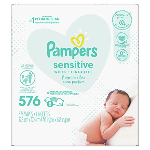 Baby Wipes, Pampers Sensitive Water Based Baby Diaper Wipes, Hypoallergenic and Unscented, Tub Not Included, 72 Count (Pack of 8), Total 576 Wipes – Packaging May Vary