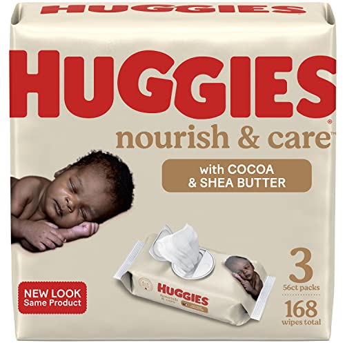 Baby Wipes, Scented, Huggies Nourish & Care Baby Diaper Wipes, 56 Count, Pack of 3 Flip-Top Packs (168 Wipes Total)