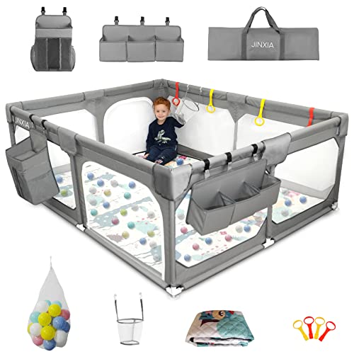 Baby Playpen Set(Grey 75″*59″), playpin for Babies and Toddlers, Extra Large Baby Fence Area with Anti-Slip Base,Playard Indoor & Outdoor with Playmat