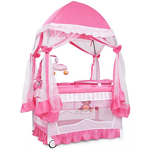 BABY JOY 4 in 1 Pack and Play with Extended Canopy, Portable Baby Playard Bedside Sleeper with Side Zipper Entrance, Wheels & Brake, Baby Girl Pink Bassinet Crib from Newborn to Toddler