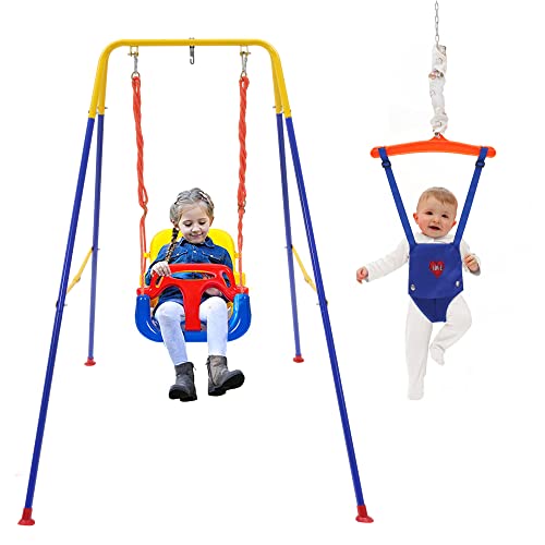 3-in-1 Swing Set for Toddler & Baby, Baby Swing Indoor/Outdoor Play, Baby Swing& Bouncer Foldable Metal Stand Easy to Assemble and Store.