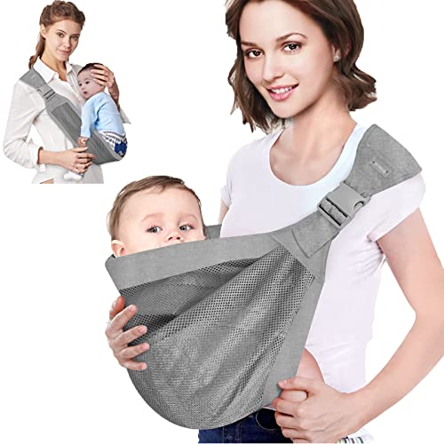Baby Sling Carrier One Shoulder Carrier for Toddler, Adjustable Baby Half Wrapped Sling, Portable Natural Cotton with Breathable Mesh Fabric Baby Holder Carrier(Light Grey)