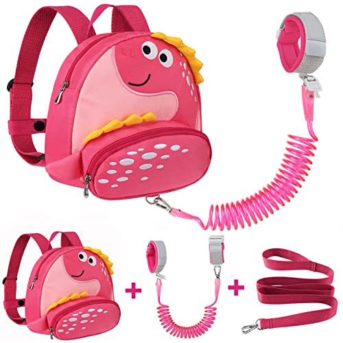 Accmor Toddler Backpack Harness with Safety Leash, Cute Dinosaur Harnesses with Kids Anti Lost Wrist Link, Mini Child Schoolbag with Wristband Tether Strap and Protection Leashes for Baby Girls (Pink)