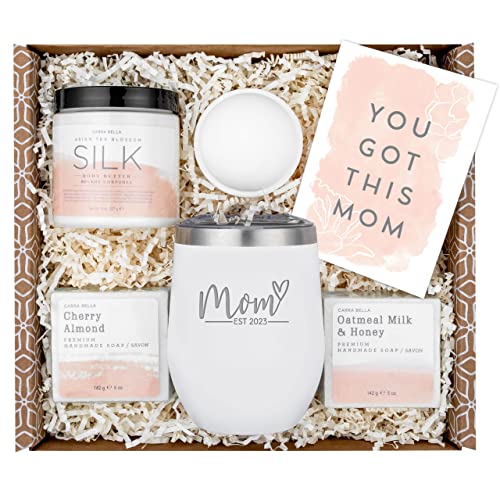 New Mom Gifts for Women – Mom Est. 2023 Spa Gifts Basket for Women w/ 12 oz White Tumbler – Mothers Day Gifts Self Care Kit Relaxing Gifts for New Mom after Birth – Pregnancy Gifts for First Time Moms