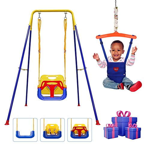 2-in-1 Swing Set for Todder to Kid, Baby Jumper with Bouncers for Outdoor/Indoor, Sturdy Safety Seat and Foldable Metal Swing Stand, Easy to Assemble and Store at Home
