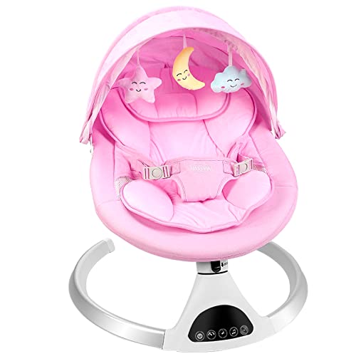 HARPPA Electric Baby Swing for Infants to Toddler, Portable Babies Swinger for Newborn Boy and Girls with 5 Swing Speed, Remote Control Music Speaker with 12 Preset Lullabies Enabled Bluetooth Pink