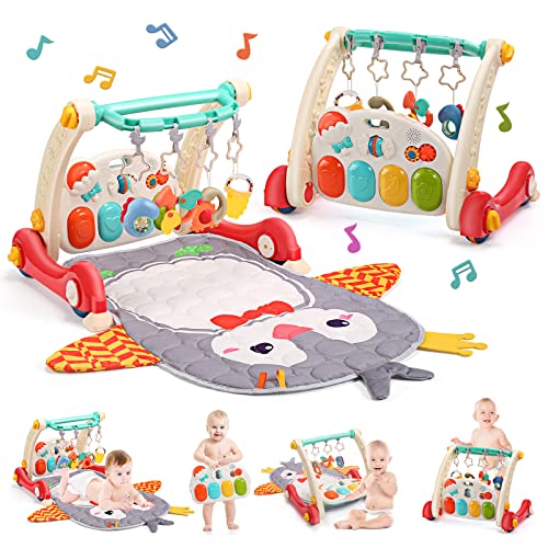 CUTE STONE Baby Gym Play Mat & Baby Learning Walker, Baby Activity Mat with Play Piano, Musical Activity Center with Lights, Baby Push Walkers & Tummy Time Mat for Infant Newborn Toddlers