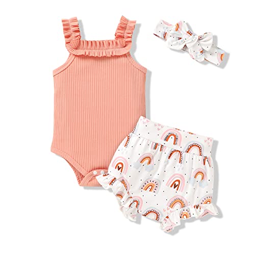 YOUNGER TREE Newborn Baby Girl Clothes Cute Infant Girl Outfit Romper Shorts Set Headband Summer Rainbow Baby Clothes for Girls(6-9 Months,Pink)