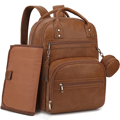 ROSEGIN Leather Baby Diaper Bag Backpack with Portable Travel Changing Pad Girl Boy, Large Dad Brown Diaper Bags Pacifier Case Stroller Straps, Baby Registry Search Shower Gifts Stuff Newborn