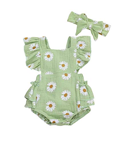Baby Girls Daisy Playsuits Ruffled Bodysuit+Headband Print Fly Sleeve Romper Floral Jumpsuit Infant Summer Clothes (Green,0-6 Months)