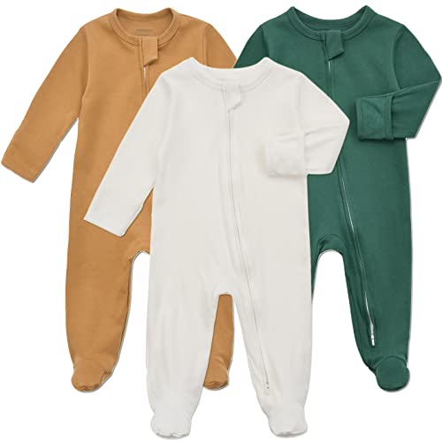 Aablexema Baby Footie Pajama with Mitten Cuffs, Double Zipper Infant Cotton Onesie Sleeper Pjs, Footed Sleep Play(White & Green & Khaki,0-3 Months)