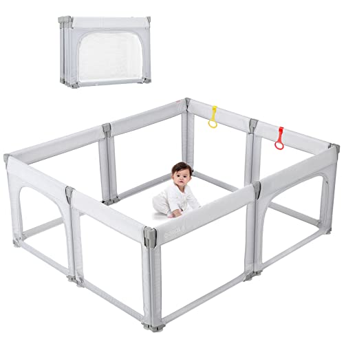 Adjustable Baby Playpen 71”x59” Playard for Babies and Toddlers Foldable Play Pen with Gate Large Baby Fence Play Area, Light Grey