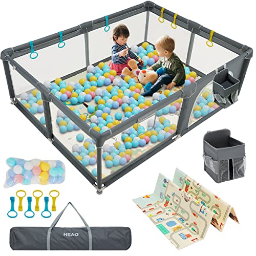 HEAO 79×59″ Baby Playpen Extra Large Playard with mat Playpen for Babies with Gate Baby Playpen Area for Indoor Outdoor Grey