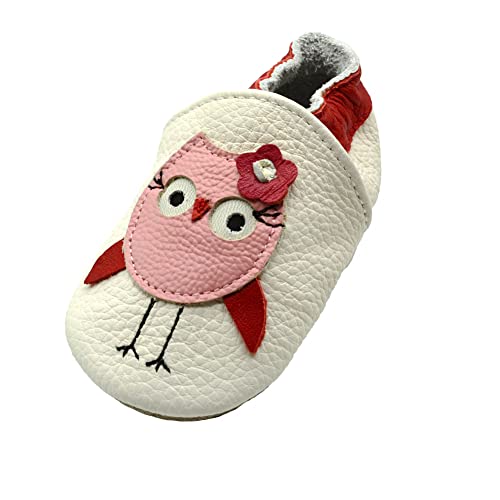 iEvolve Baby Leather Shoes Soft First Walker Shoes Crib Shoes Moccasins for Toddlers(Red Owl, 12-18 Months)