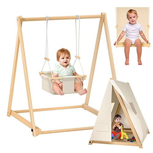 Wooden Toddler Swing Set with Kids Play Tent, Foldable Baby Swing Set with Durable Pine & Velcro, Portable Kid Swing Kids Play Tent Large Kids Playhouse for Toddlers 6-36 Months, Easy to Assemble