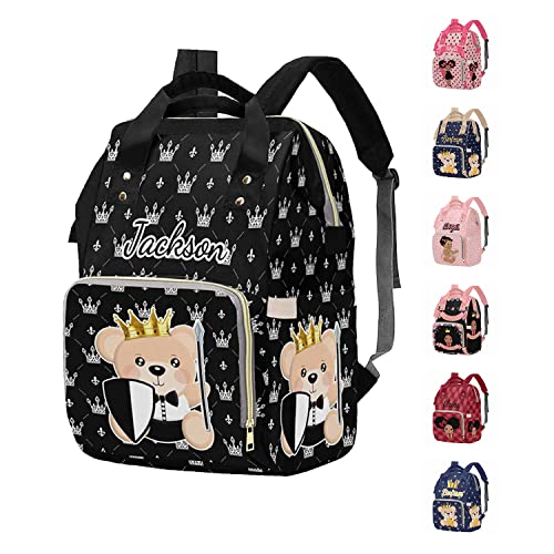 M YESCUSTOM Diaper Bag Custom Name Personalized Crown Diaper Bag with Cartoon Prince Bear Suits for Women Travel Outdoor Use Black