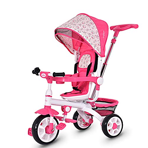 Costzon Tricycle for Toddlers, 4 in 1 Trike w/Parent Handle, Adjustable Canopy, Storage, Safety Harness & Wheel Brakes, Baby Push Tricycle Stroller for Kids Boys Girls Aged 10 Month-5 Years Old, Pink