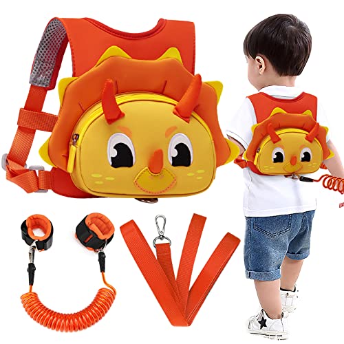 Accmor Toddler Leash Harness, Cute Dinosaur Child Harnesses Baby Leashes Anti-Lost Wrist Link, 3 in 1 Kids Harness with Walking Assistant Strap Belt Tether for 1-4 Years Boys Girls to Outdoor (Orange)