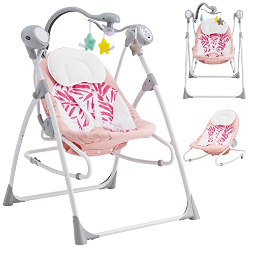 INFANS 2 in 1 Baby Swing and Bouncer for Infants, Portable Newborn Rocker with 5 Speed Sway Music Timing 3 Toys Remote Control, Easy Fold, Compact Electric Baby Swing for 0-6 Months Boy Girl (Pink)