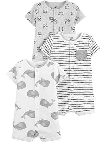 Simple Joys by Carter’s Unisex Babies’ Snap-Up Rompers, Pack of 3, Whales/Stripe/Panda, 12 Months