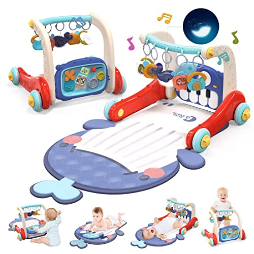 CUTE STONE Baby Play Mat, Baby Learning Walker with Play Gym, Piano Activity Mat, Musical Activity Center with Lights, Baby Push Walkers & Tummy Time Mat for Infant Newborn Toddlers