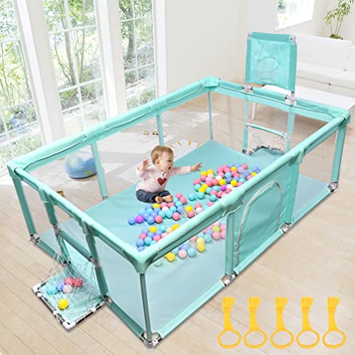 GOLDGE Extra Large Playpen 63x47x26 inch, Playpen for Babies and Toddlers, with 50pcs Balls and 5 pcs Pull Up Rings, Baby Play Pen, Infant Play Yard, Playard, Kids Play Area