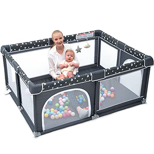 ANGELBLISS Baby Playpen, Large Baby Playard, Play Pen for Babies and Toddlers with Gate, Indoor & Outdoor Play Area for Infants, Kids Safety Play Yard with Star Print (Dark Grey, 63″×47″)