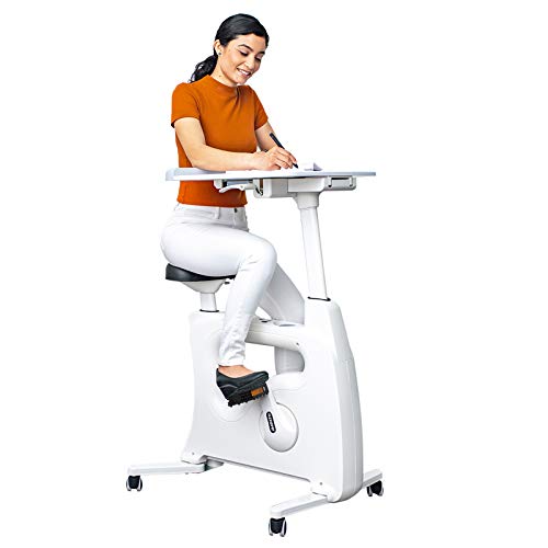 FLEXISPOT Home Workstation Desk Bike Stand up Folding Exercise Desk Cycle Height Adjustable Office Desk Stationary Exercise Bike – Deskcise Pro (With Desktop, White)