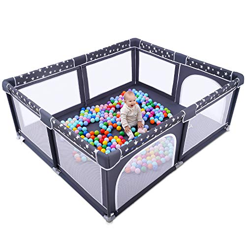 Baby Playpen, ANGELBLISS Playpen for Babies and Toddlers, Extra Large Play Yard with Gate, Indoor & Outdoor Kids Safety Play Pen Area with Star Print (Dark Grey, 71″×59″)