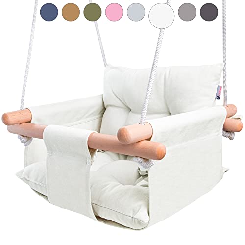 CaTeam – Canvas Baby Swing, Wooden Hanging Swing Seat Chair with Safety Belt, Durable Baby Hammock Chair, Outdoor and Indoor Swing for Kids, Mounting Hardware Included, Ivory