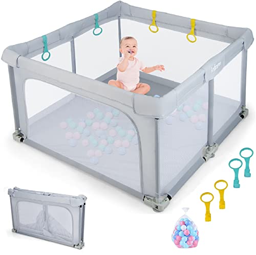 INFANS Baby Playpen Foldable, 50’’x50’’ Large Baby Playard for Toddlers with Gate, Soft Visible Mesh, Indoor Outdoor Kids Activity Center Baby Fence with 4 Handlers 50 Ocean Balls (Gray)