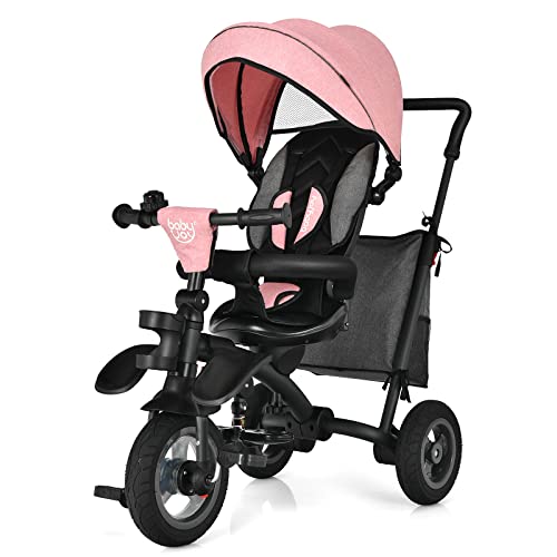 BABY JOY Toddler Tricycle, 7 in 1 Folding Steer Trike w/Rotatable Seat, Adjustable Canopy, Push Handle, Guardrail, Safety Harness, Brakes, Cup Holder & Storage, Tricycle for Toddlers Ages 1.5-5 (Pink)